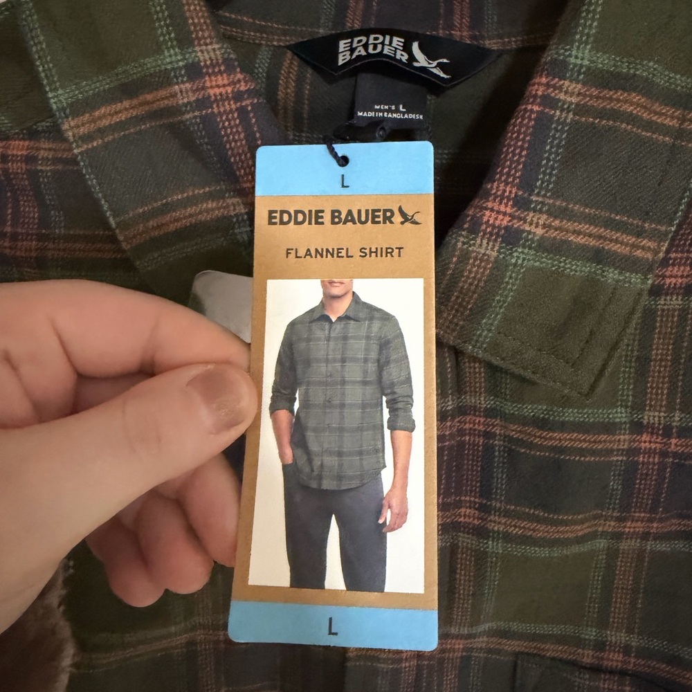 NWT Eddie Bauer Olive and Red Plaid Button Down Shirt - Picture 2 of 4